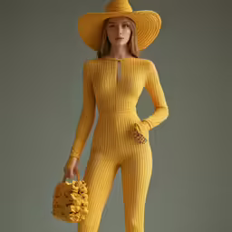 a woman in yellow jumpsuit holding a basket and posing