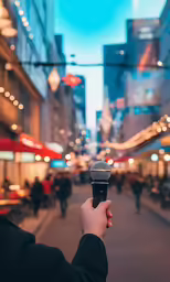 someone holding up a microphone with lights on the street in the background