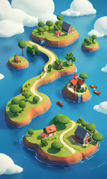 an island with houses and boats floating in it