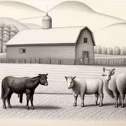 there are a bunch of sheep in the pen,this is an illustration of three sheep standing next to each other in a field