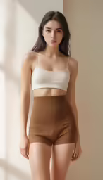 a woman in short brown shorts and a white top