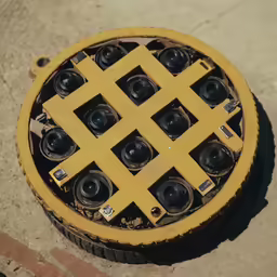 a round yellow object with several cameras attached to it