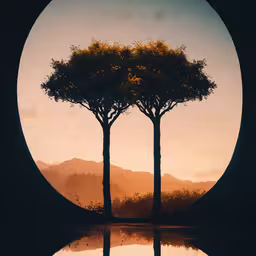 two trees in a circle with water in front,a tree with some leaves hanging from it near the water