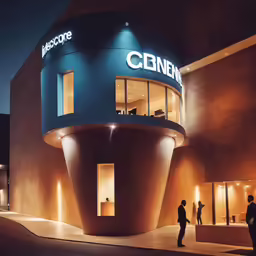 a building that has some people standing outside at night