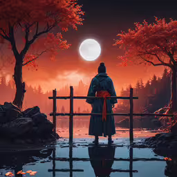 the monk stands on a bridge watching the sun set,a man standing on a bridge overlooking the moon and lake