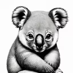 a black and white picture of a koala bear sitting on the ground