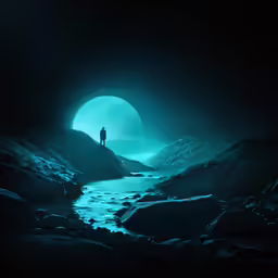 a man standing in the center of a cave looking out at the river