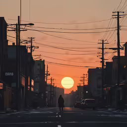 a lone person standing in the middle of a street as the sun sets