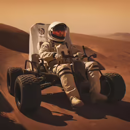 an astronaut is sitting in a buggy through the desert