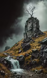 an image of a tree sitting on top of a mountain