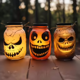 three lit jars with painted pumpkin faces on them
