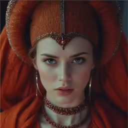 a beautiful woman in a red costume with orange jewelry
