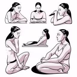 an asian woman is doing yoga poses in four different positions,a series of different positions of a young girl
