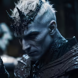 male witch with horns and spiked nails in a fantasy setting
