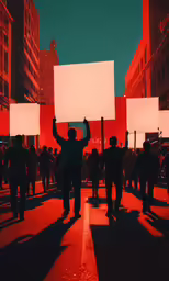several people holding up large signs in the middle of a street