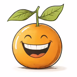 an orange smiling with a tooth and green leaf