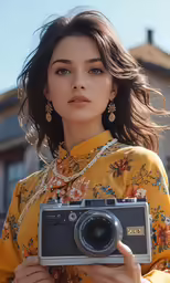 an asian woman holds up a digital camera