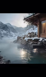 a house next to the water and some rocks