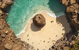 an aerial view of a beach with a large rock formation near the water