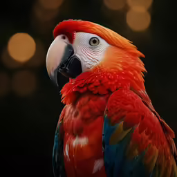 a parrot with red feathers is standing in the dark