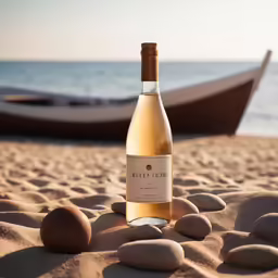 a bottle of wine sits on the sand near rocks
