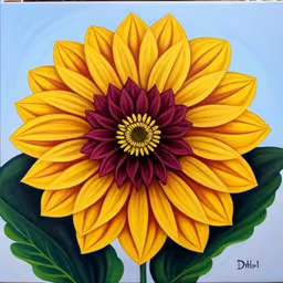 large yellow flower with burgundy center on blue background,a painting of a large sunflower with leaves