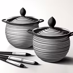 a set of three pots sitting next to two markers