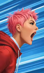 a girl with pink hair and a red coat