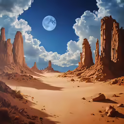 a landscape scene shows rocky formations and mountains
