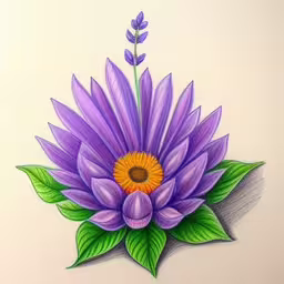 a drawing of an art project of purple flowers with green leaves on white paper,an artistic drawing of a flower made out of colored pencil,a purple flower with green leaves and orange center,a drawing of an flower with a single flower inside,the image shows a purple flower with green leaves and a yellow center
