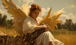 a woman dressed in white sitting in a field