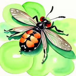 a painting of a beetle on a leaf,an insect with orange, black and white markings