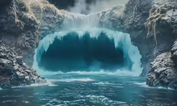 a blue waterfall with an icy face surrounded by water