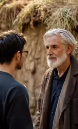 an older man talking to another man near some rocks