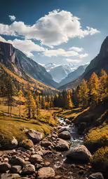 mountains with a river and rocky banks with trees