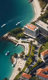 an aerial view of the resort and beach