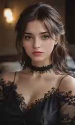 an image of woman with sexy cleavage in black lace top