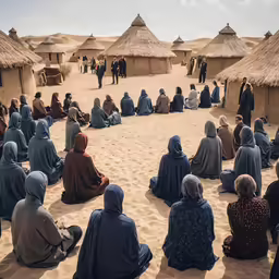 a group of people sitting in the sand
