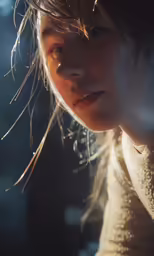 the woman has her head up, and is very close to the camera