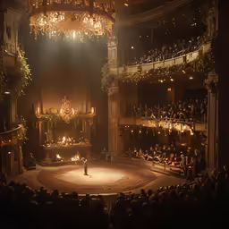 the theatre has candles lit and a crowd