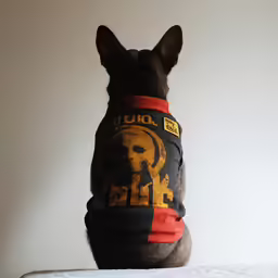 a dog wearing a sweater with an image of skulls and a skull on it