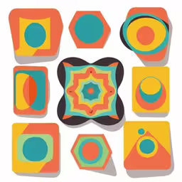a group of orange, yellow, blue and green shapes