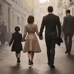 a couple in suits walk along a street