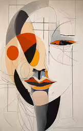 abstract painting with a face and various lines,a close up view of a painting with an abstract head