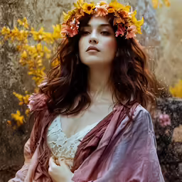 young woman in floral wreath on her head, in the rain
