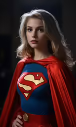 young woman dressed as superman standing in dark room