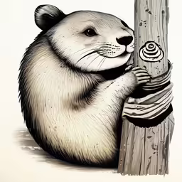 an animal is on the side of a wooden pole