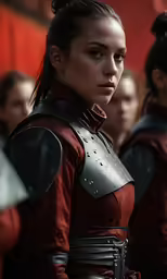 a female in red and black dress standing near other women