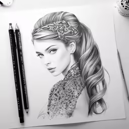 a drawing of a young girl with long hair, wearing a crown
