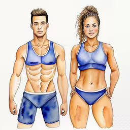 drawing of a man and a women with their butts showing,a couple wearing matching blue sports bras and bikini tops,the couple is in their underwear and one wearing a blue bra,a drawing of a couple from each side, in blue underwear and jeans,a couple wearing underwear are drawn in watercolor